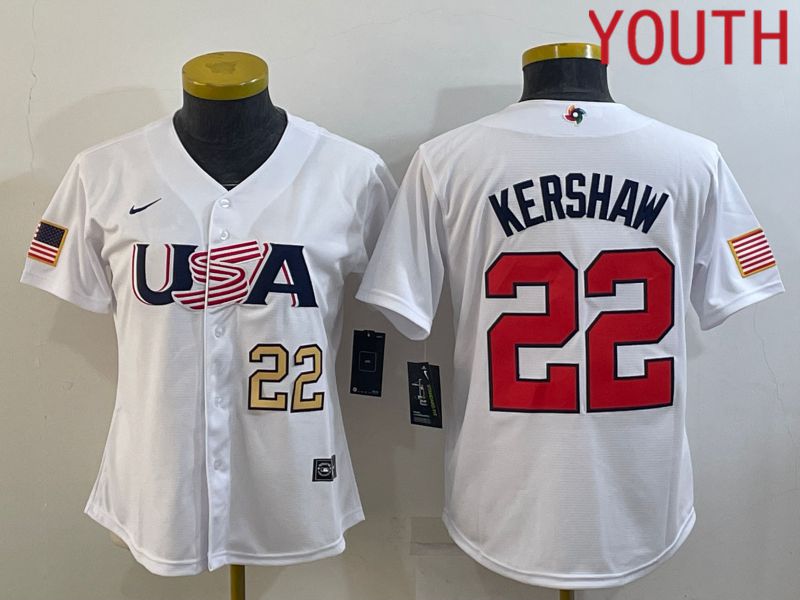 Youth 2023 World Cub USA #22 Kershaw White MLB Jersey6